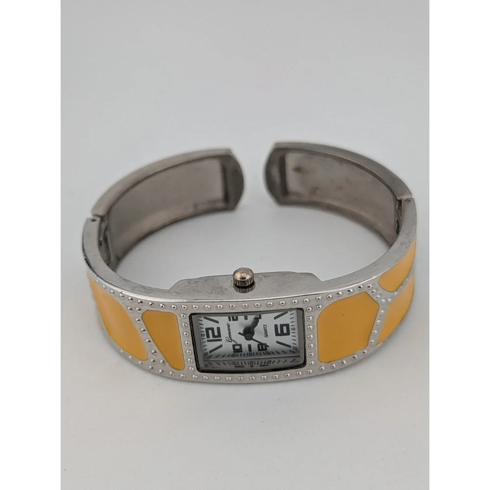 Geneva Enameled Cuff Bracelet Women's Watch 19mm Case Yellow/Silver- New Battery